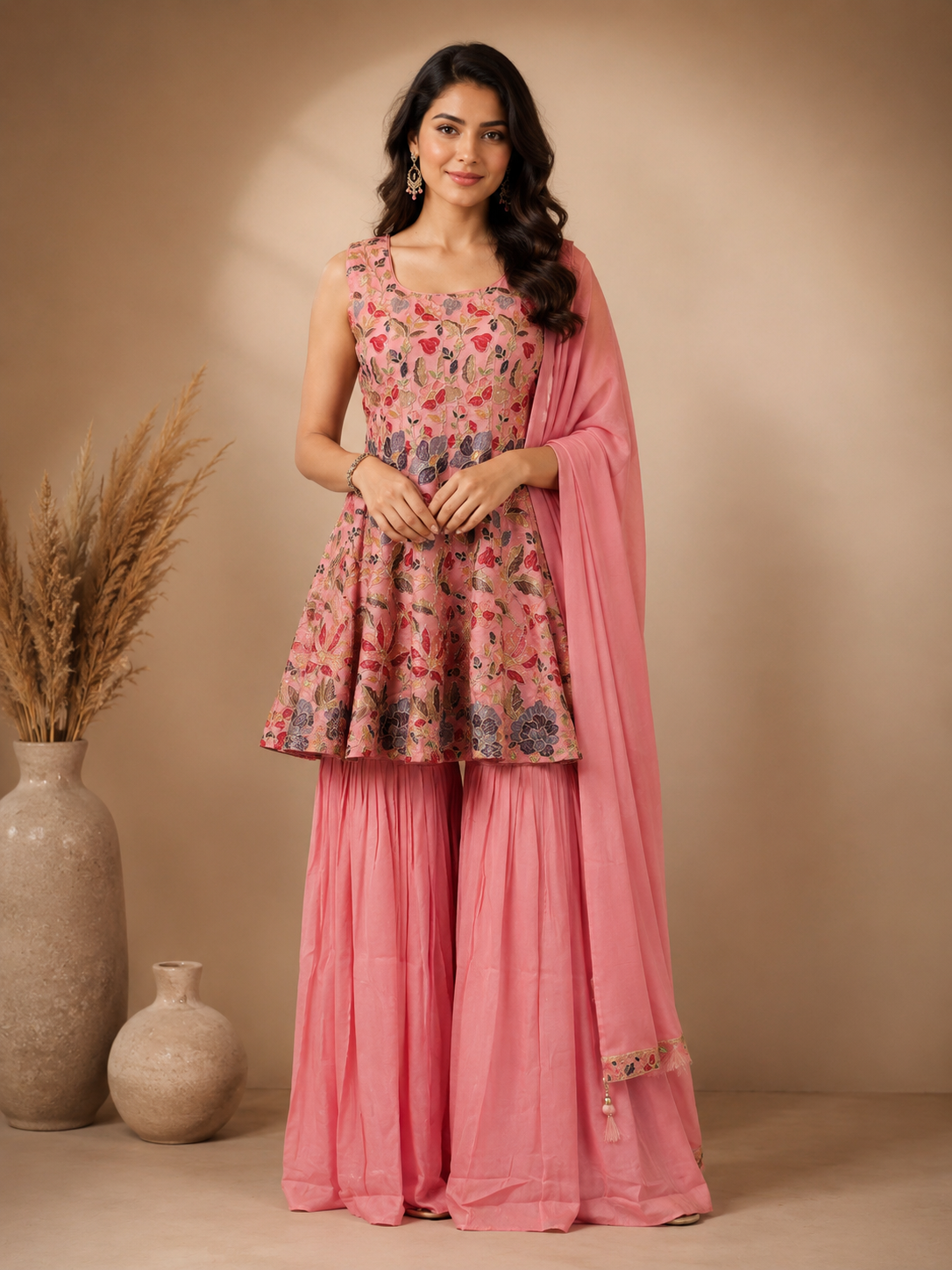 Peach Pink Silk Peplum Style Designer Gharara Suit with Dupatta